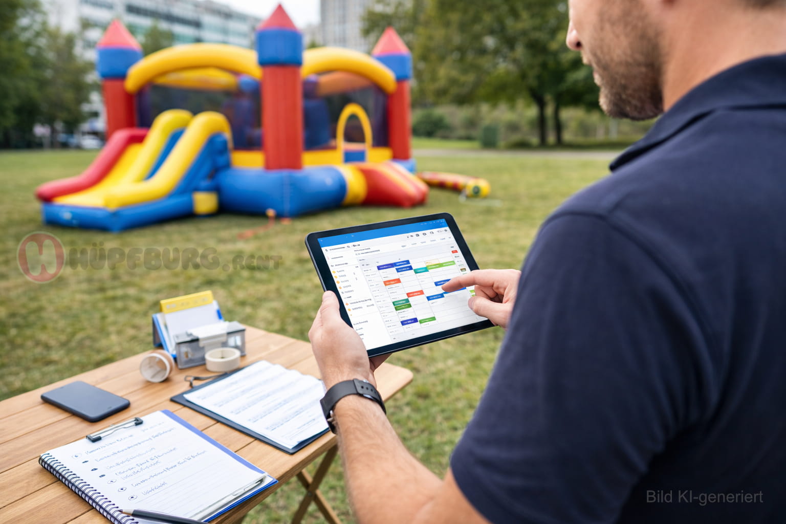 Ein Hüpfburgen-Vermieter steht mit Klemmbrett auf einem öffentlichen Fest, das noch nicht besucht ist. Im Hintergrund die von ihm aufgebaute Hüpfburg. Symbolfoto