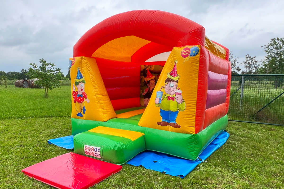 Eine etwa mittelgroße, bunte Hüpfburg, die auf einer Wiese für eine Gartenparty aufgestellt ist.
