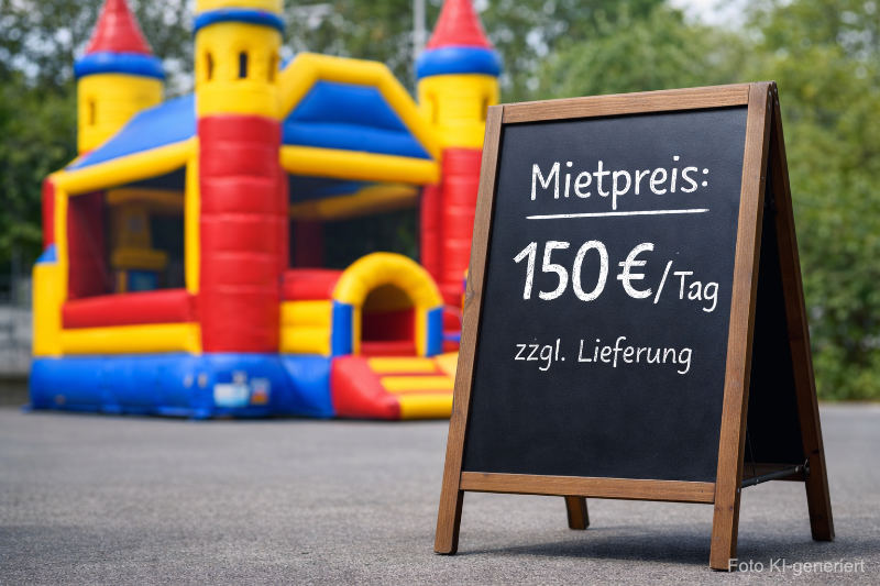 Eine Hüpfburg steht in der Natur, im Vordergrund eine Tafel, auf der der Tagesmietpreis von 150 Euro steht. Symbolfoto