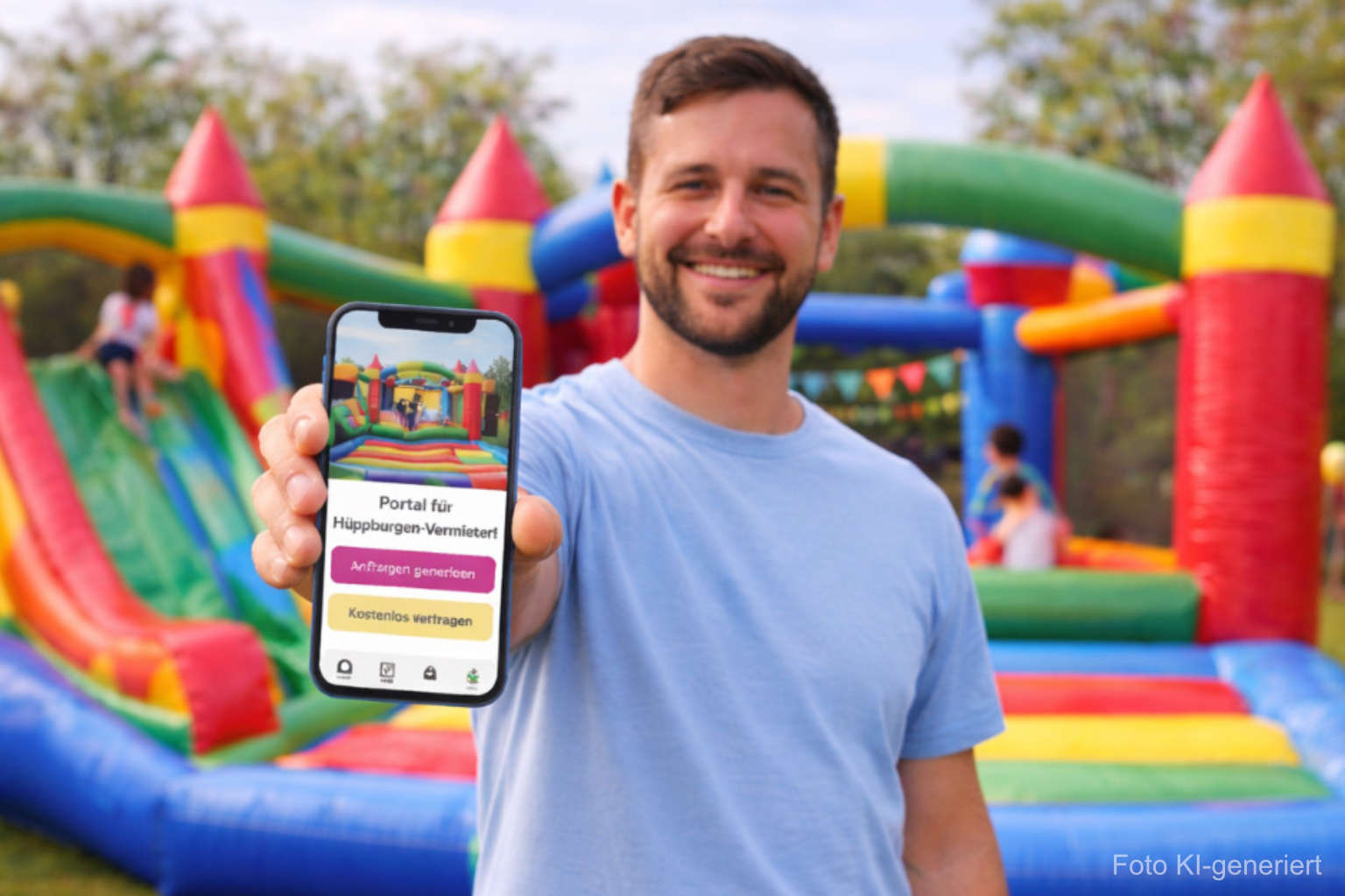 Ein junger Mann hält lächelnd sein Smartphone in die Kamera, auf dem ein Hüpfburgenportal zu sehen ist. Im Hintergrund steht eine aufgebaute Hüpfburg.