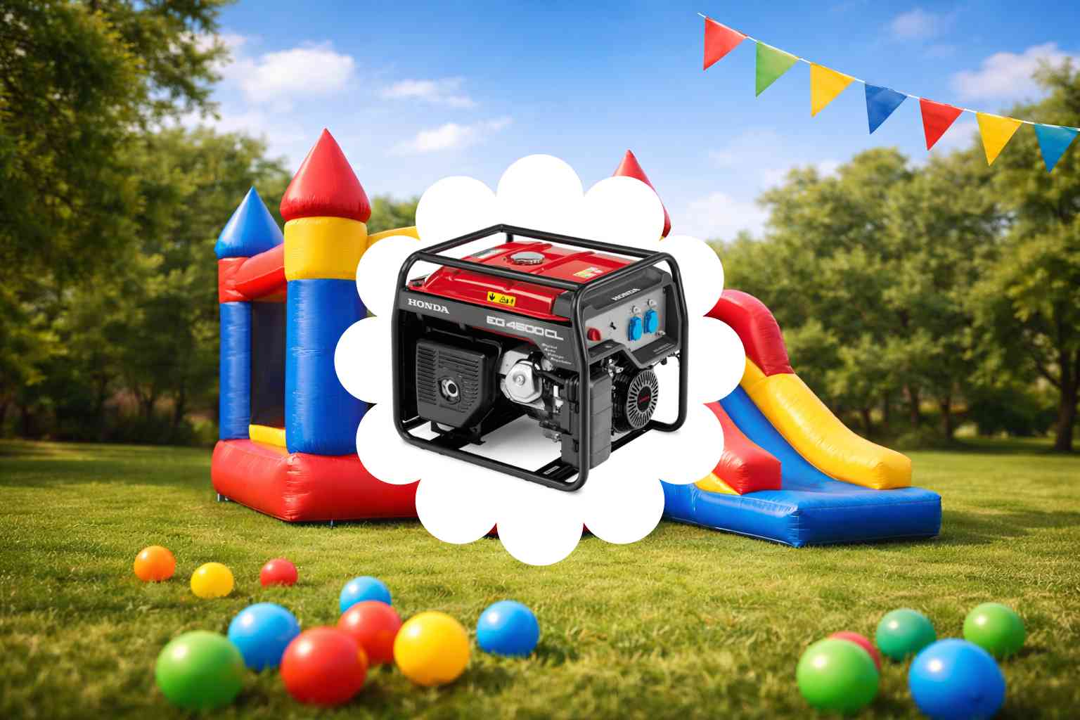 Im Hintergrund ist eine Hüpfburg auf einer Wiese zu sehen. Im Vordergrund hervorgehoben: Ein Stromgenerator