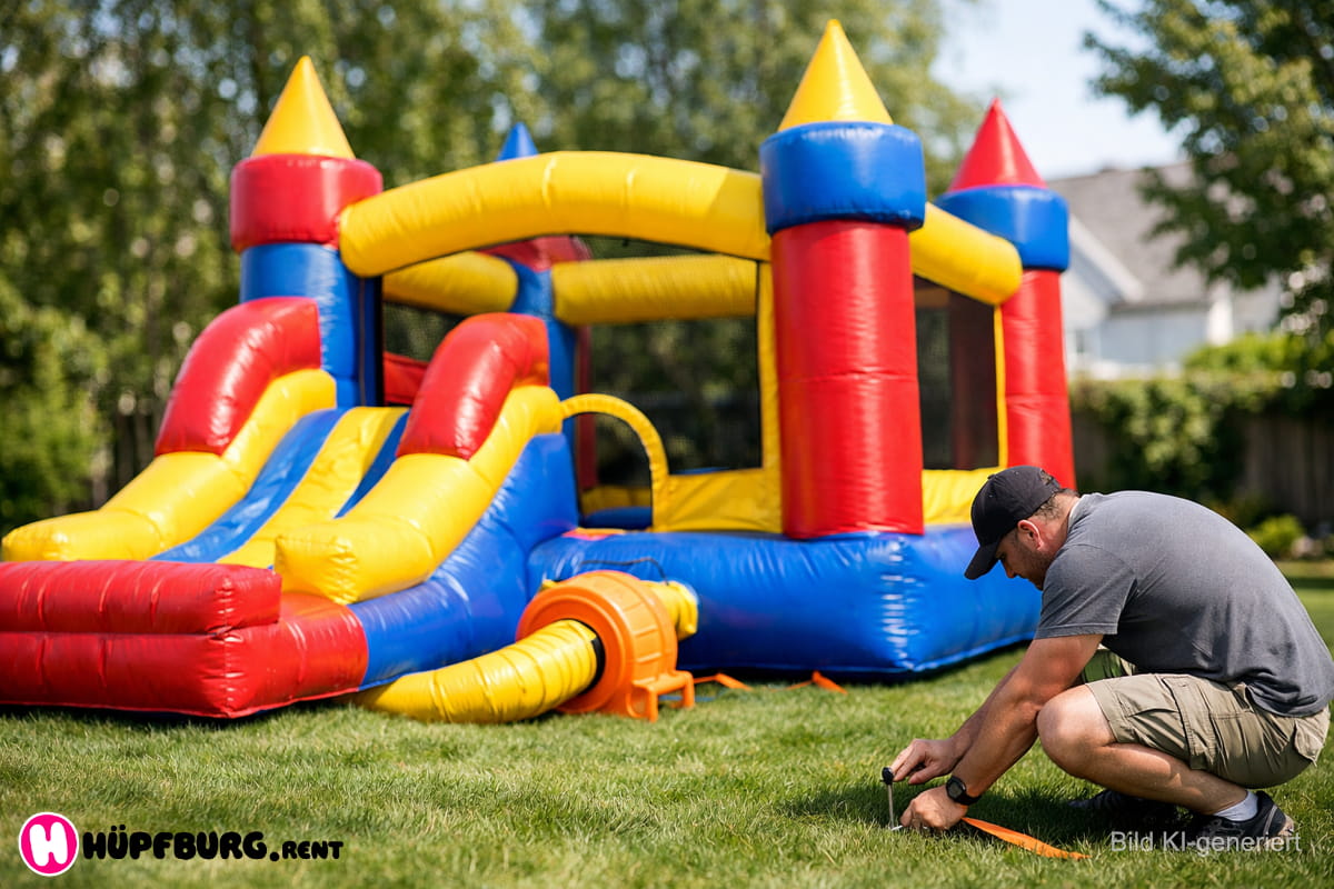 Ein Mann baut im Garten eine Hüpfburg auf. Symbolfoto. Foto KI-generiert