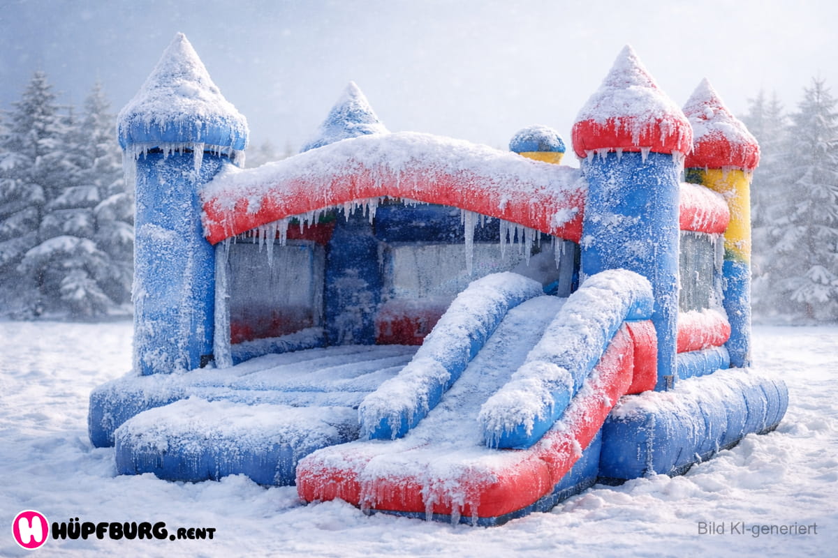 Eine stark eingefrostete Hüpfburg inmitten einer Winterlandschaft als Symbolbild für den Betrieb einer Hüpfburg im Winter